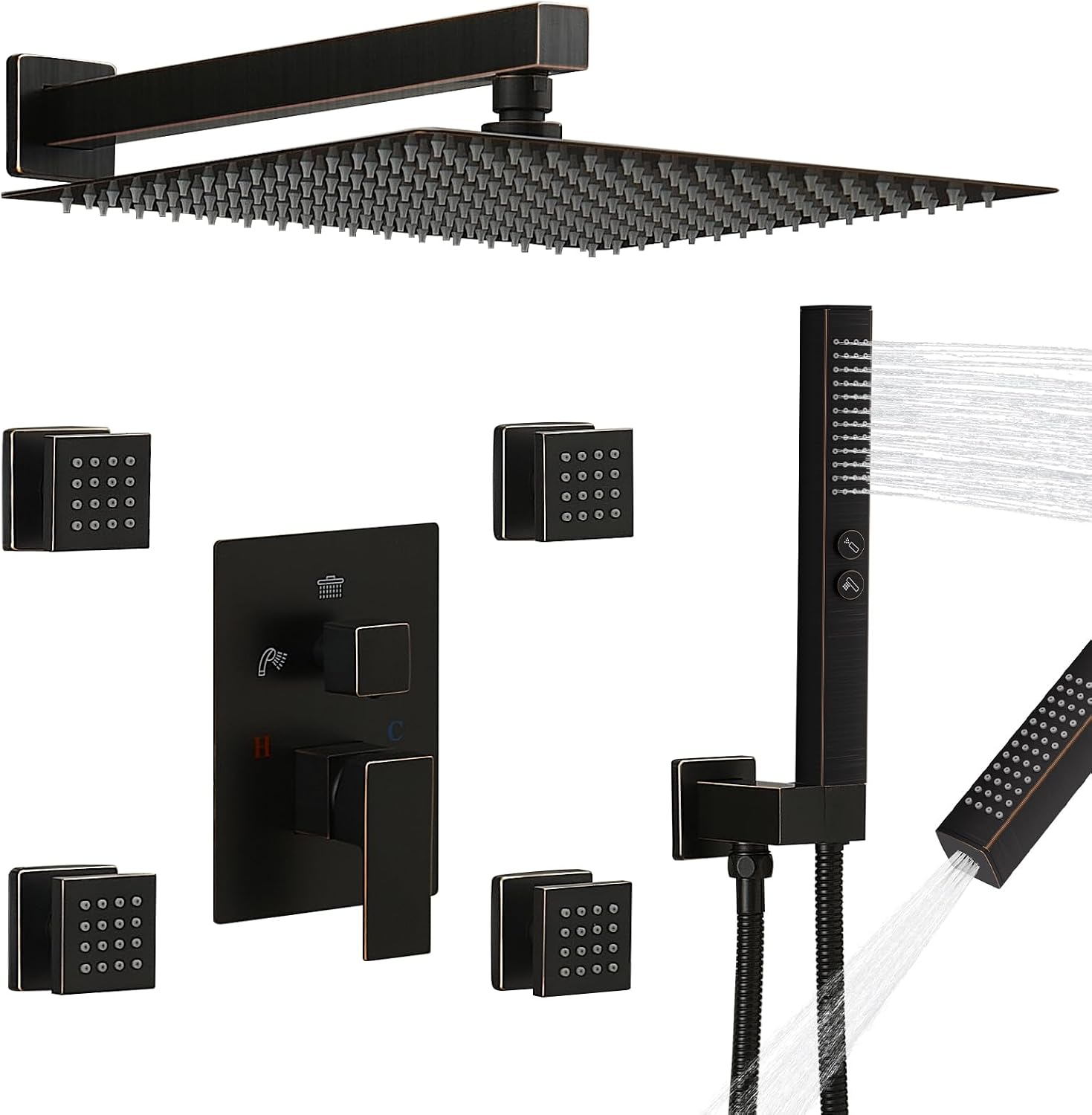 RUMOSE Rainfall Shower System with 4 Body Jets Wall Mounted 4 Mode Shower Faucet Set with 12 Inch Rain Shower Head and 2 in 1 Handheld Spray, Oil Rubbed Bronze Brass Shower Fixtures, Rough-in Valve