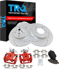 TRQ Performance Rear Brake Pad & Rotor Set Ceramic Coated Drilled Slotted Rotors Calipers Compatible with 06-12 Ford Fusion 2006 Lincoln Zephyr 07-12 Lincoln MKZ 06-13 Mazda 6 06-11 Mercury Milan