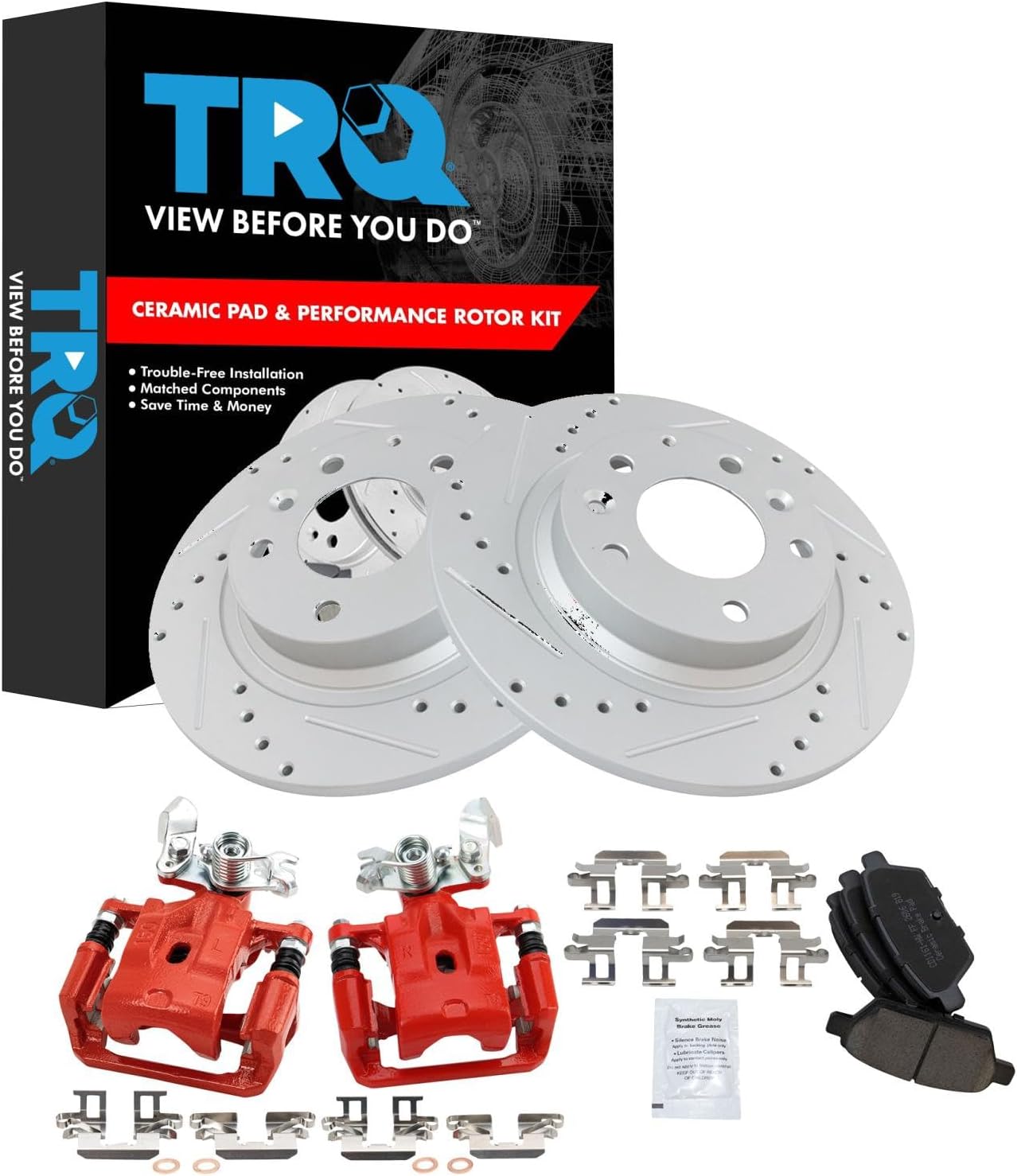 TRQ Performance Rear Brake Pad & Rotor Set Ceramic Coated Drilled Slotted Rotors Calipers Compatible with 06-12 Ford Fusion 2006 Lincoln Zephyr 07-12 Lincoln MKZ 06-13 Mazda 6 06-11 Mercury Milan