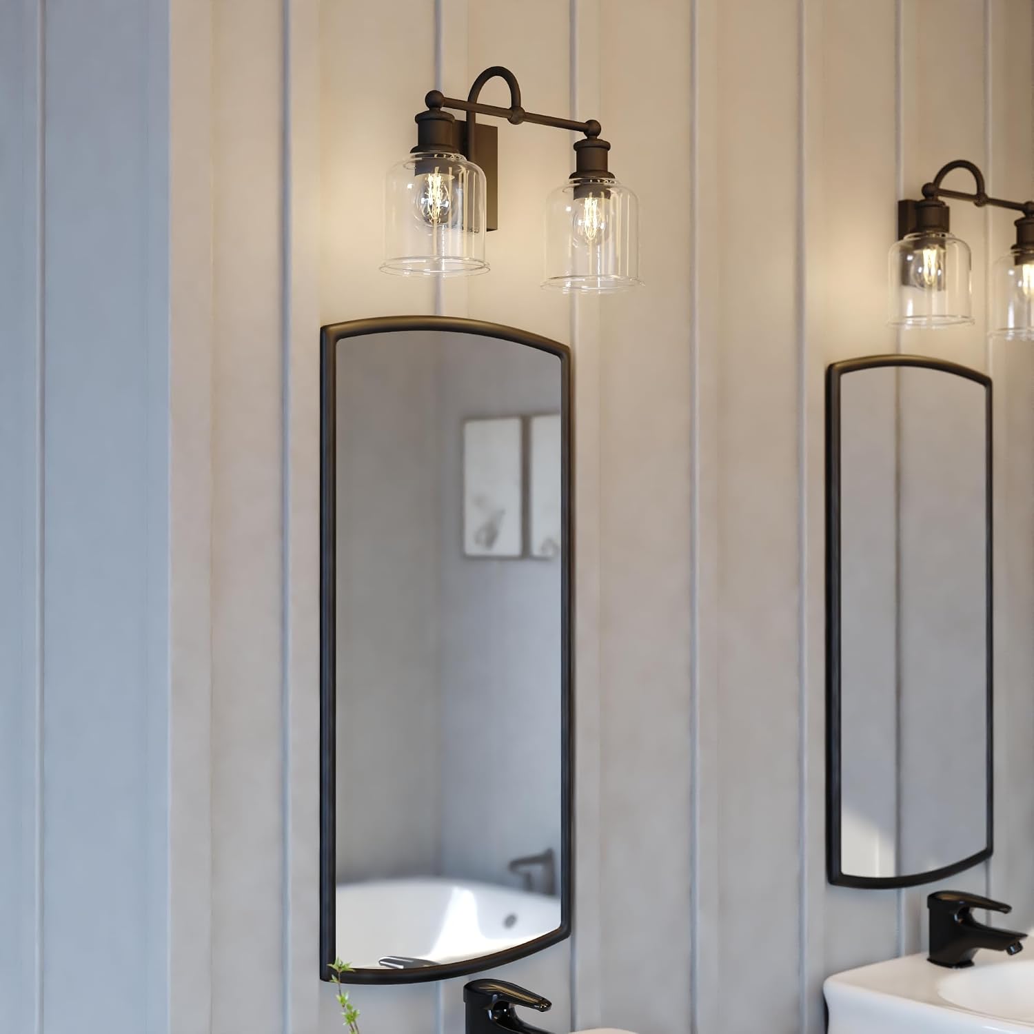 VAXCEL Northbrook 2-Light 16 in. Wide Matte Black Traditional Bathroom Vanity Lighting Fixture, Clear Seeded Glass Shade, Dimmable, LED Compatible, Over The Mirror Mounted Steel Wall Sconce