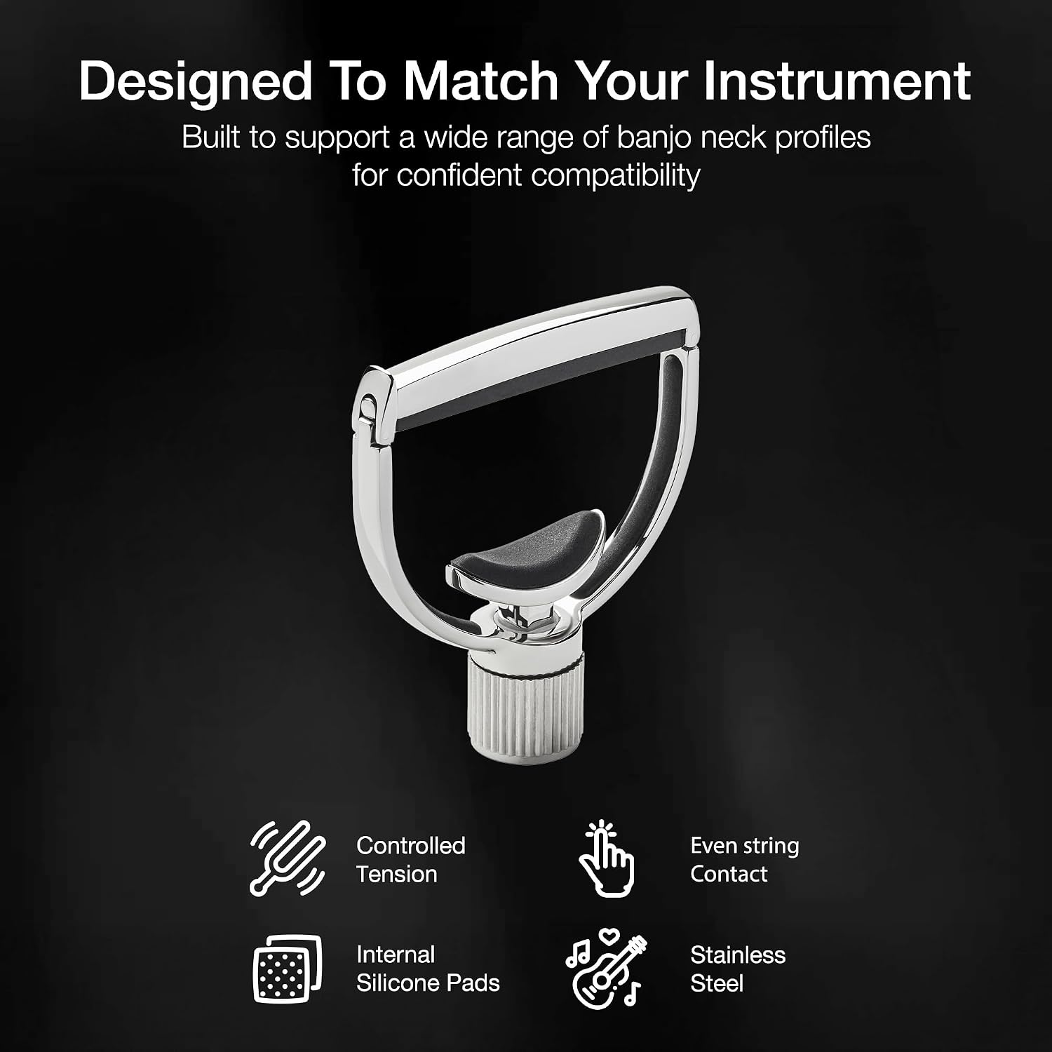 G7th Heritage Silver Banjo Wide Capo S1 - Adjustable Tension Control & Adaptive Radius Technology with Protective Silicone Pads - Yoke-Style Capo for Banjos, UK Design