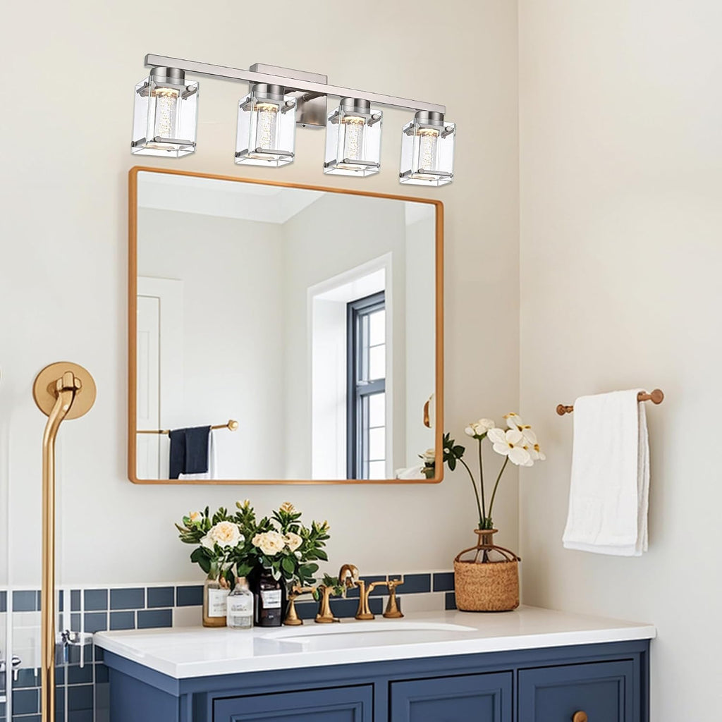LED Brushed Nickel Finish Bathroom Light fixtures, 4 Lights Modern Bathroom Wall Sconces with Bubble Crystal Glass Classic Vanity Lighting fixtures Over Mirror