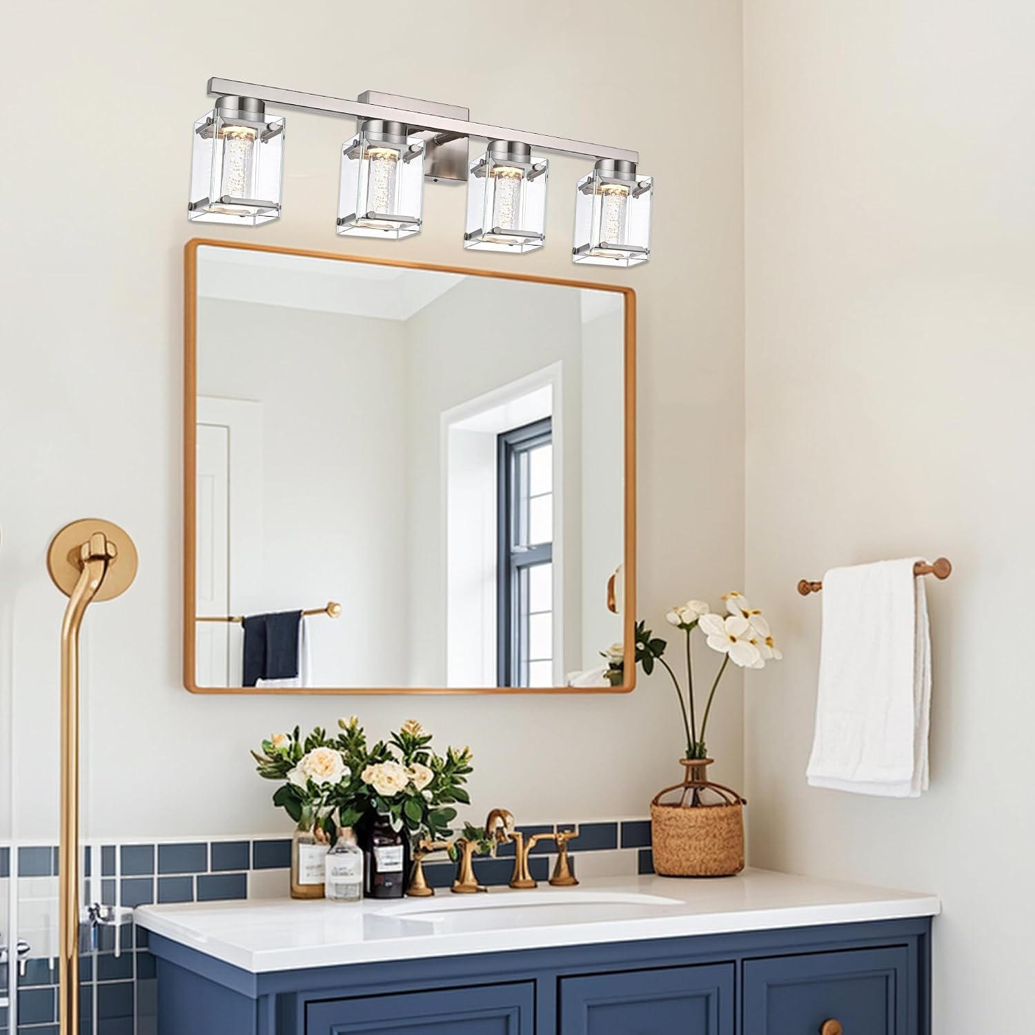 LED Brushed Nickel Finish Bathroom Light fixtures, 4 Lights Modern Bathroom Wall Sconces with Bubble Crystal Glass Classic Vanity Lighting fixtures Over Mirror