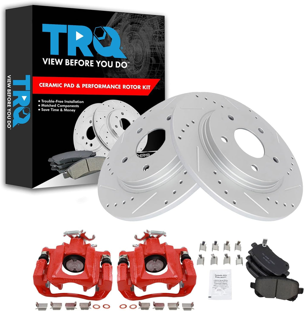 TRQ Performance Rear Brake Pad and Rotor Set Ceramic Coated Drilled Slotted Rotors Calipers Compatible with 08-12 Chrysler Town & Country Dodge Grand Caravan 09-12 Volkswagen Routan 2012 Ram Cargo Van