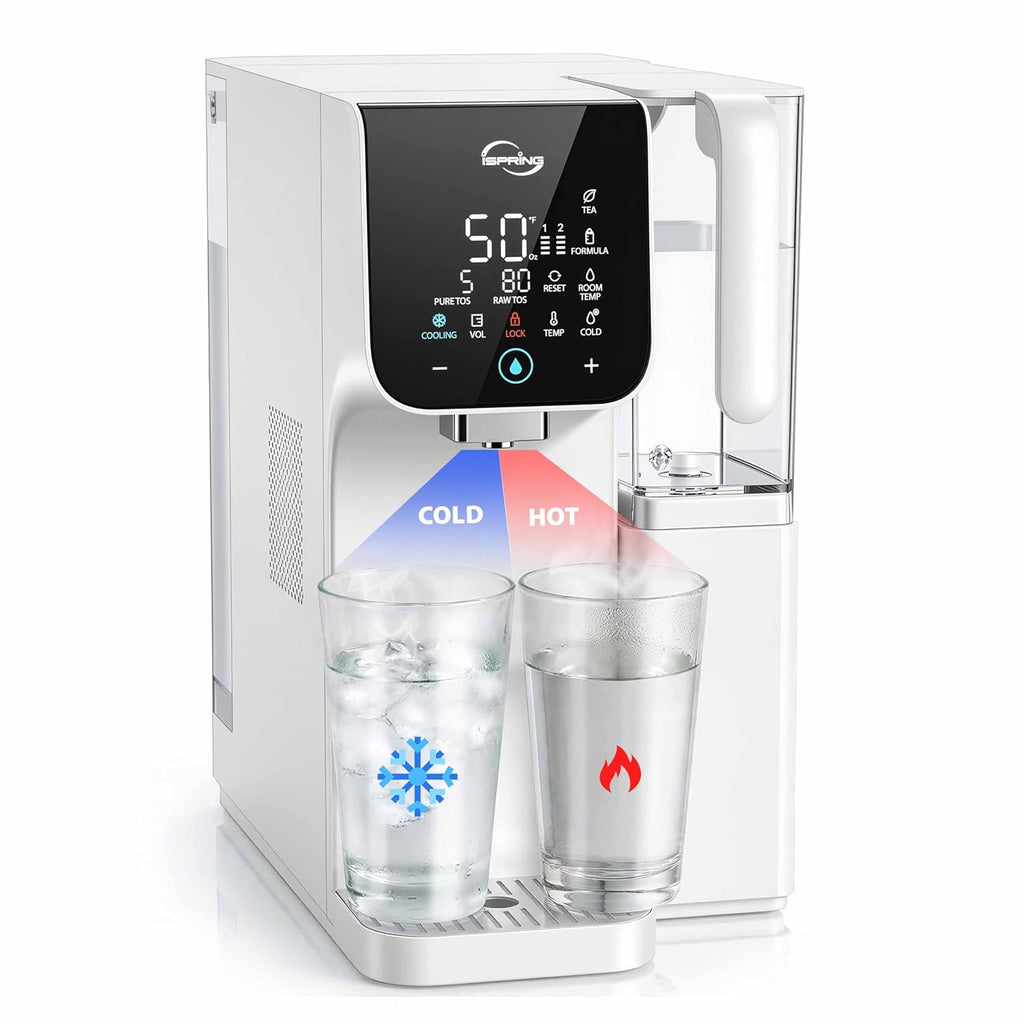 iSpring RCD100-THCW Hot & Cold Countertop Reverse Osmosis System, White, RO Water Filter Dispenser, 9 Temperature Options from 50–210°F & 6 Dispensing Volumes, TDS & Filter Life Monitor