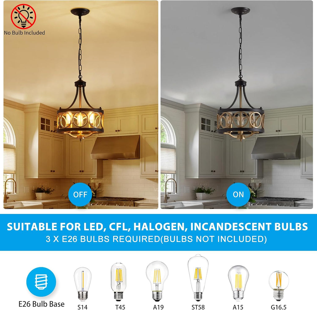 XINGQI 12.6' Modern Farmhouse Chandelier 13 Inch Black Gold Chandeliers Small Drum Dining Room Light Fixture 3-Light Rustic Metal Pendant Lamp for Entryway Bedroom Hallway E26 Base