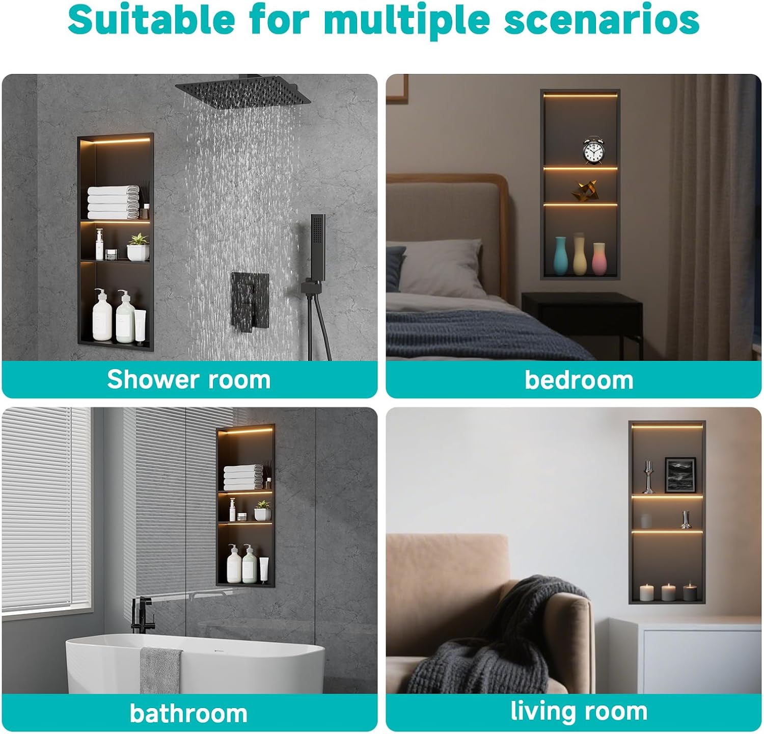 Black Stainless Steel Shower Niche with LED Lights 12' x 30' – Recessed Shower Shelf with 3-Tier Storage, Waterproof & Rustproof Bathroom Wall Niche