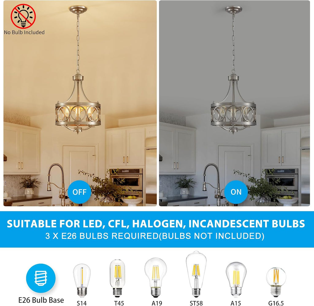 XINGQI 12.6' Modern Farmhouse Brushed Nickel Chandeliers Dining Room Light Fixture Over Table Rustic Metal Drum Pendant Hanging Lamp for Entryway Bedroom Kitchen 3-Light Round Small Chandelier