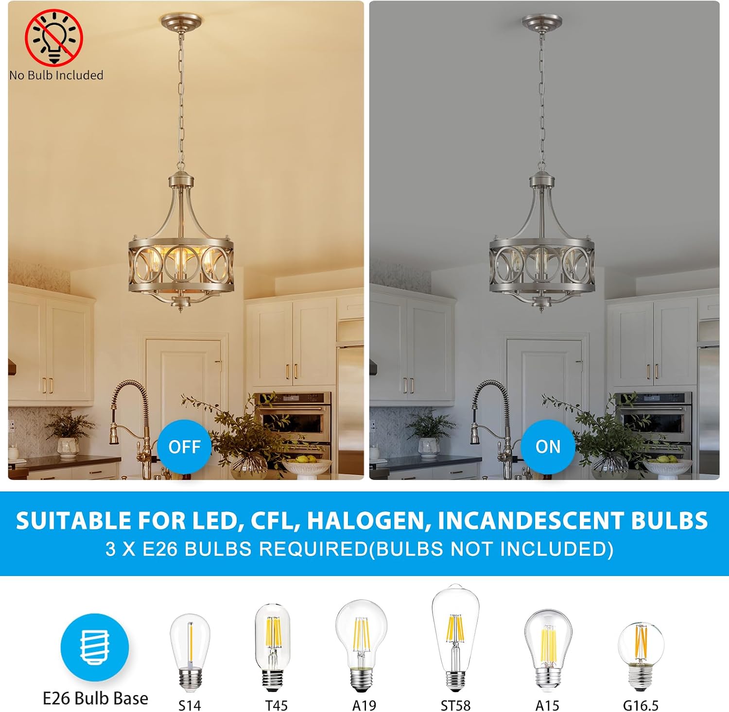 XINGQI 12.6' Modern Farmhouse Brushed Nickel Chandeliers Dining Room Light Fixture Over Table Rustic Metal Drum Pendant Hanging Lamp for Entryway Bedroom Kitchen 3-Light Round Small Chandelier