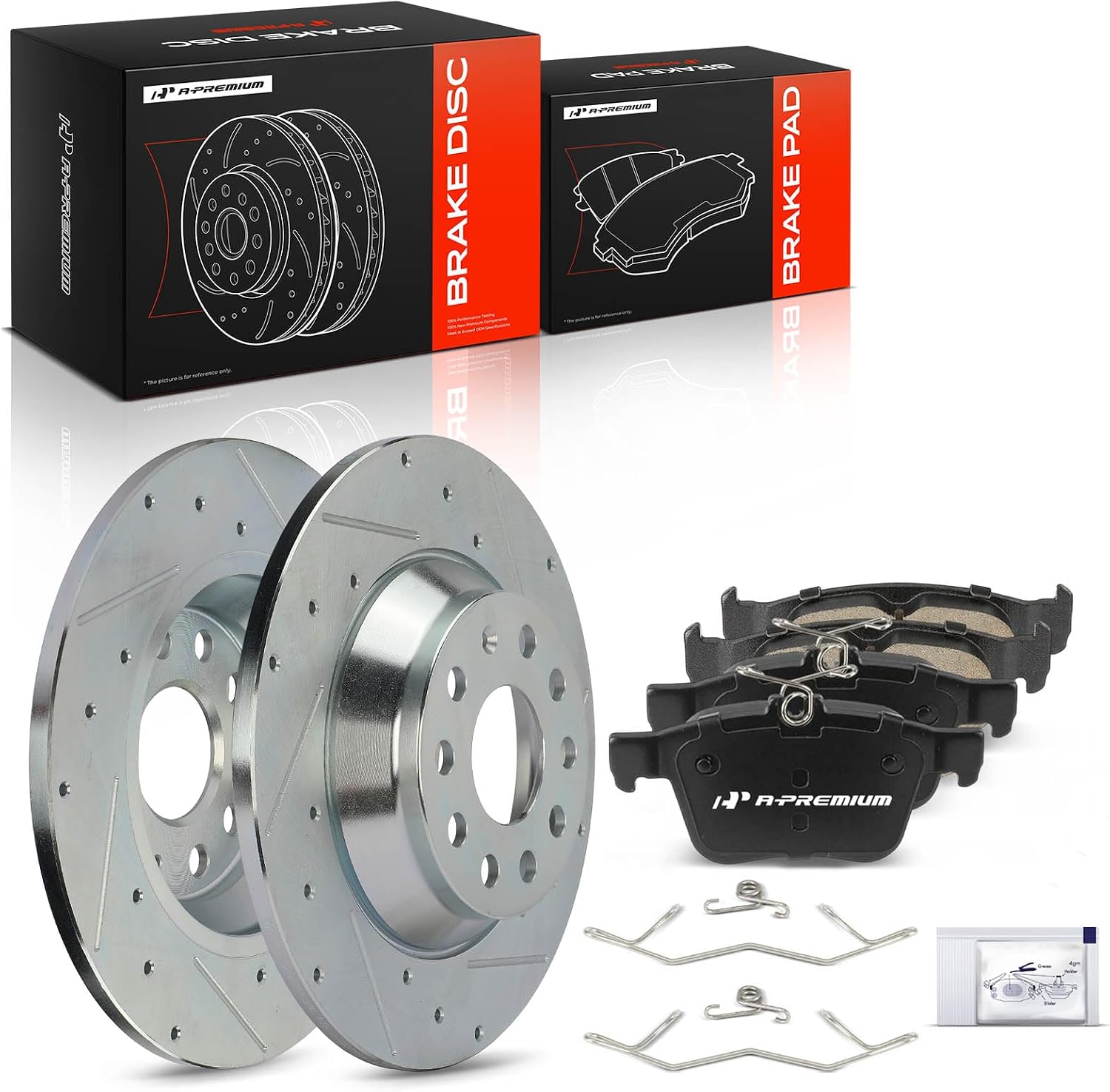 A-Premium 11.81 inch (300mm) Rear Drilled and Slotted Disc Brake Rotors + Ceramic Pads Kit Compatible with Select Volkswagen and Audi Models - Jetta 2019-2023, Golf, Tiguan, Q3, TT Quattro, 6-PC Set