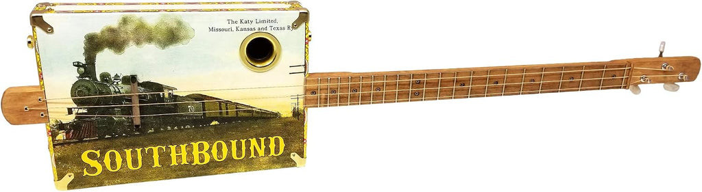 'The Southbound Katy' 3-string Acoustic-Electric Cigar Box Guitar - Featuring a Vintage Railroad Postcard Design!