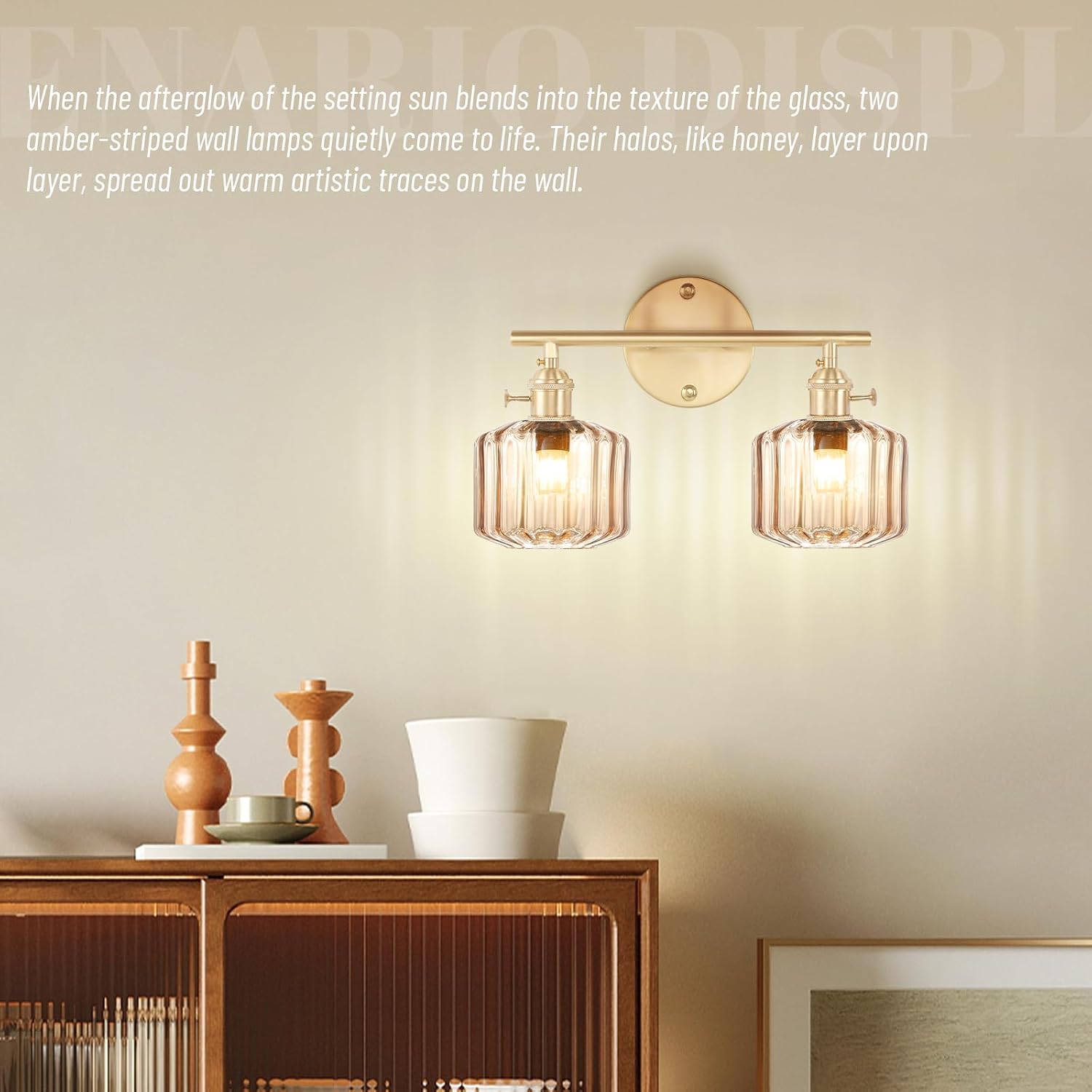 Vintage Glass Wall Sconce, 2-Light Brass Gold Bathroom Lighting Fixtures Over Mirror, Ribbed Vanity Wall Light with Amber Glass Shade, E26 Base for Bedroom, Dressing Table, Hallway