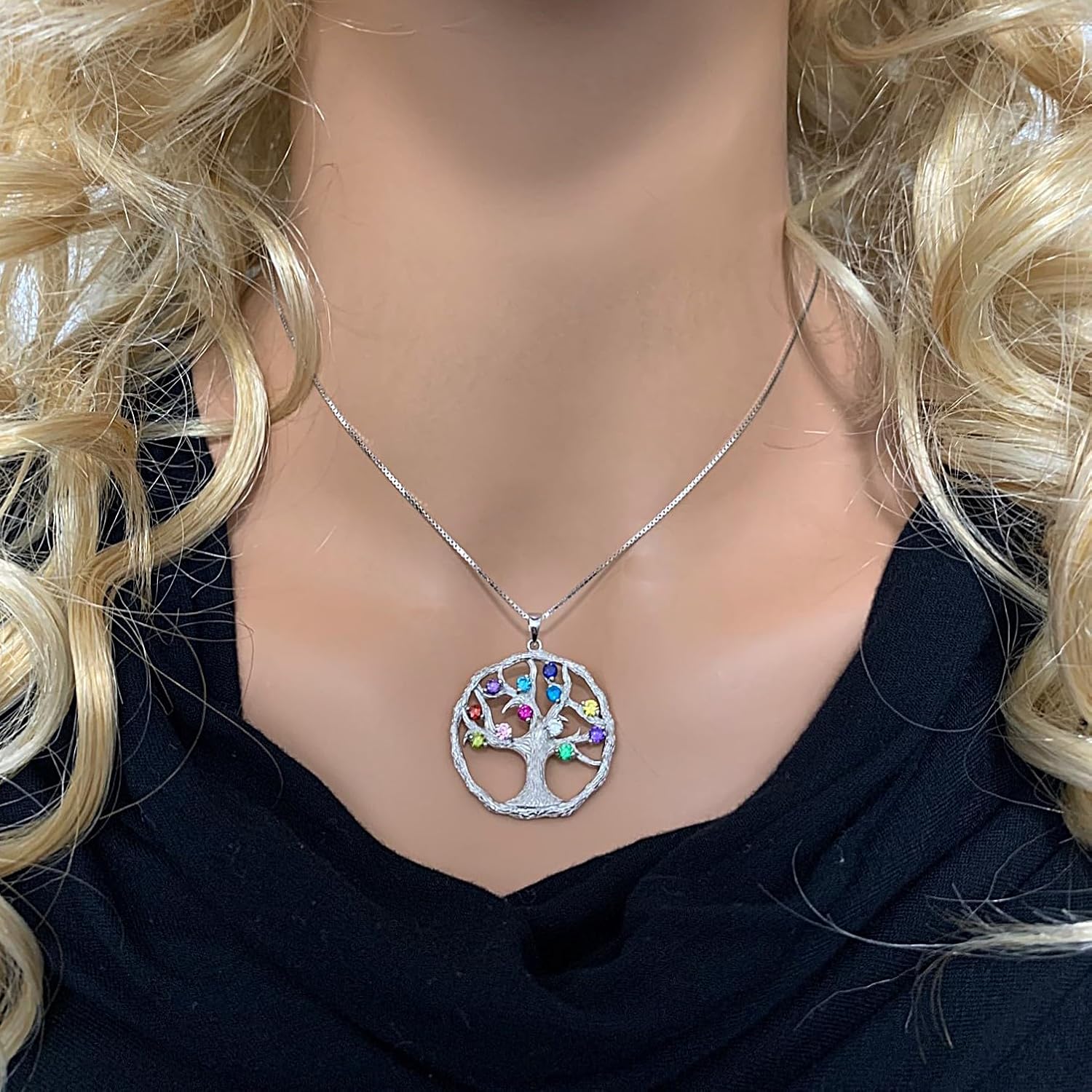Central Diamond Center Tree of Life Mothers Birthstone Necklace in Silver-10K or 14K Gold. Up to 12stones