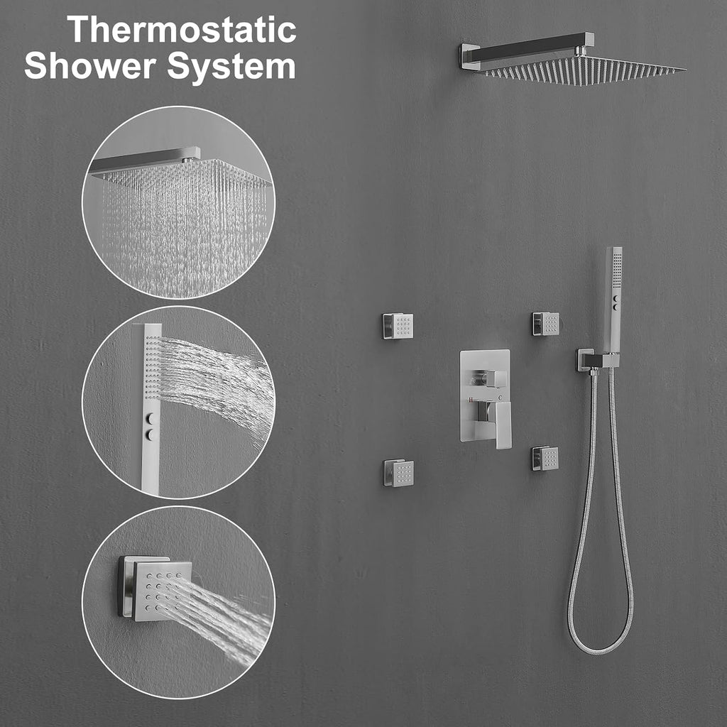 RUMOSE Rainfall Shower System with 4 Body Jets Wall Mounted 4 Mode Shower Faucet Set with 12 Inch Rain Shower Head and 2 in 1 Handheld Spray, Brushed Nickel Brass Shower Fixtures, Rough-in Valve