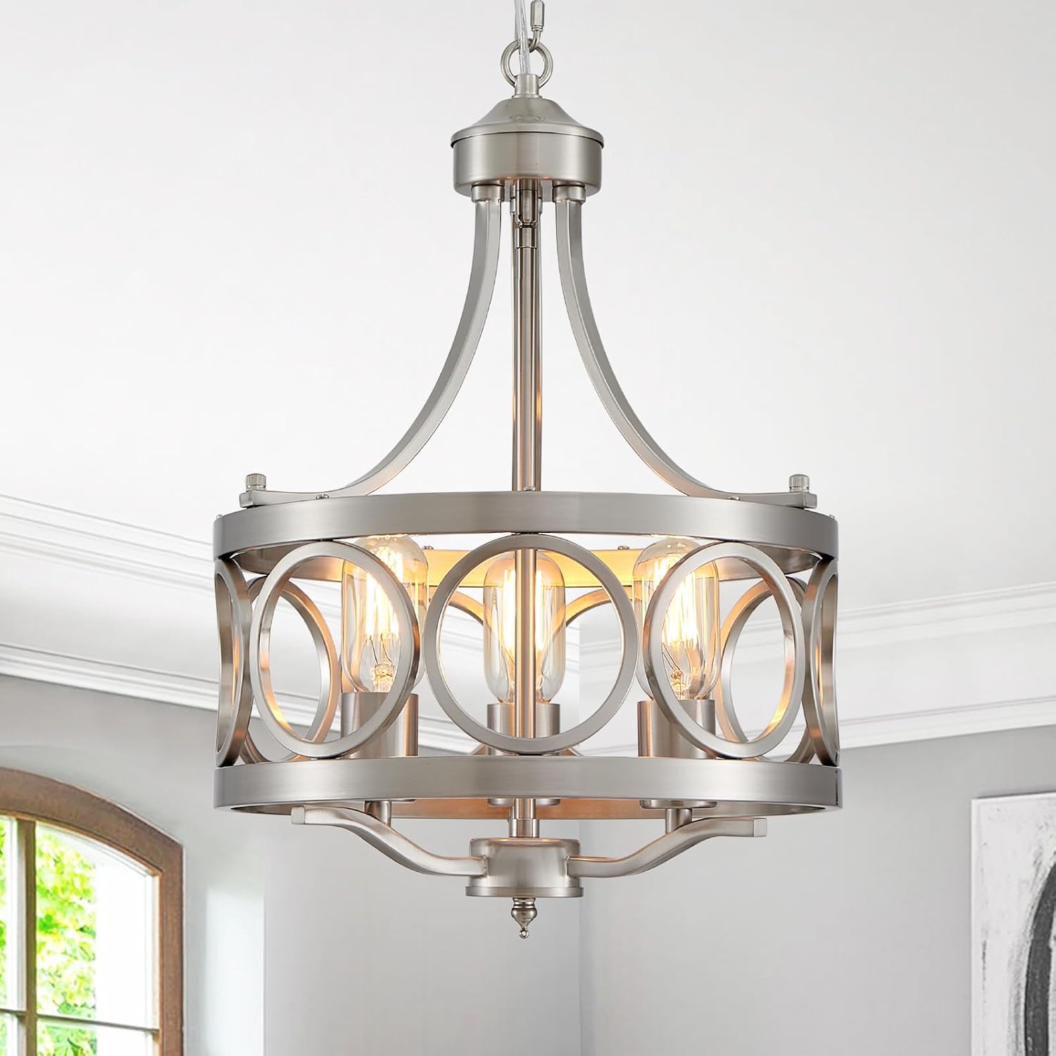 XINGQI 12.6' Modern Farmhouse Brushed Nickel Chandeliers Dining Room Light Fixture Over Table Rustic Metal Drum Pendant Hanging Lamp for Entryway Bedroom Kitchen 3-Light Round Small Chandelier