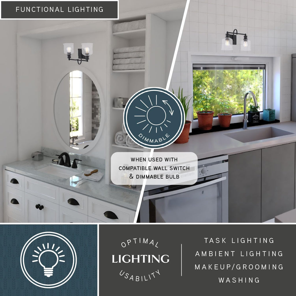 VAXCEL Northbrook 2-Light 16 in. Wide Matte Black Traditional Bathroom Vanity Lighting Fixture, Clear Seeded Glass Shade, Dimmable, LED Compatible, Over The Mirror Mounted Steel Wall Sconce