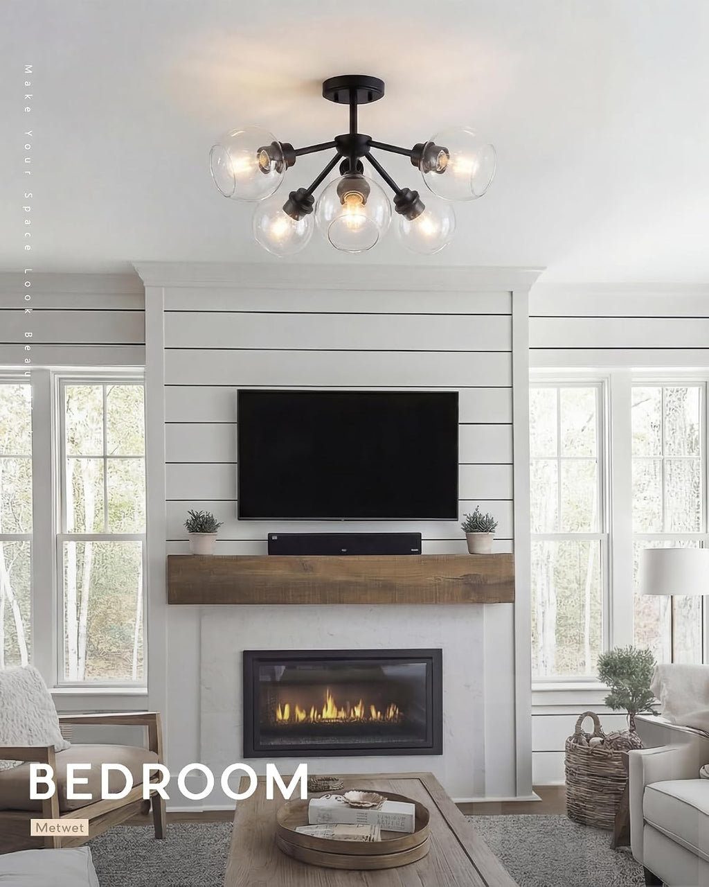 6-Light Semi Flush Mount Ceiling Light, 22' Modern Light Fixtures Ceiling Mount with Globe Clear Glass Shade, Matte Black Light Fixtures for Kitchen Entryway Bedroom, SM195-MB-6