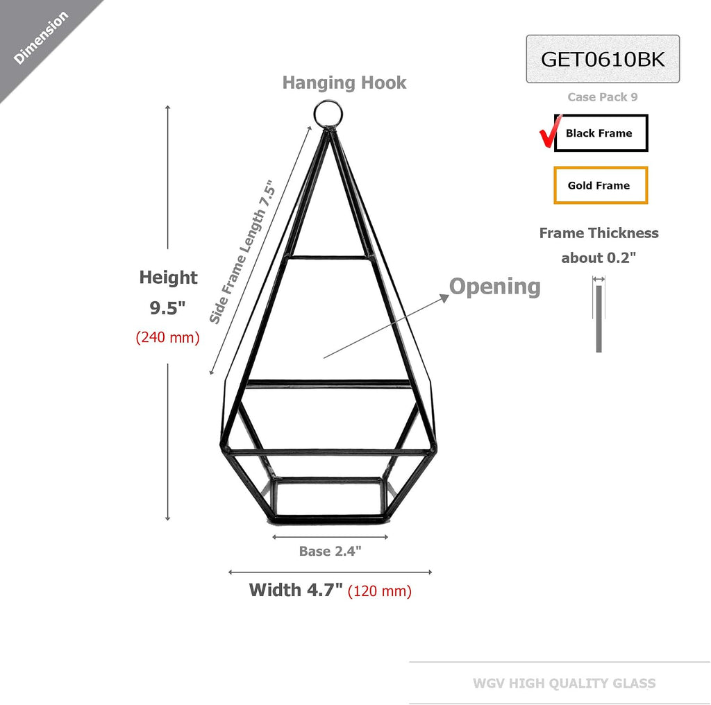 WGV Hanging Geometric Planter Terrarium Bulk Width 5' Height 9.5' Clear Glass Black Frame DIY Succulent air Plant Miniature Fairy Garden Windowsill Decor Raised Tall Pyramid 9 Pieces