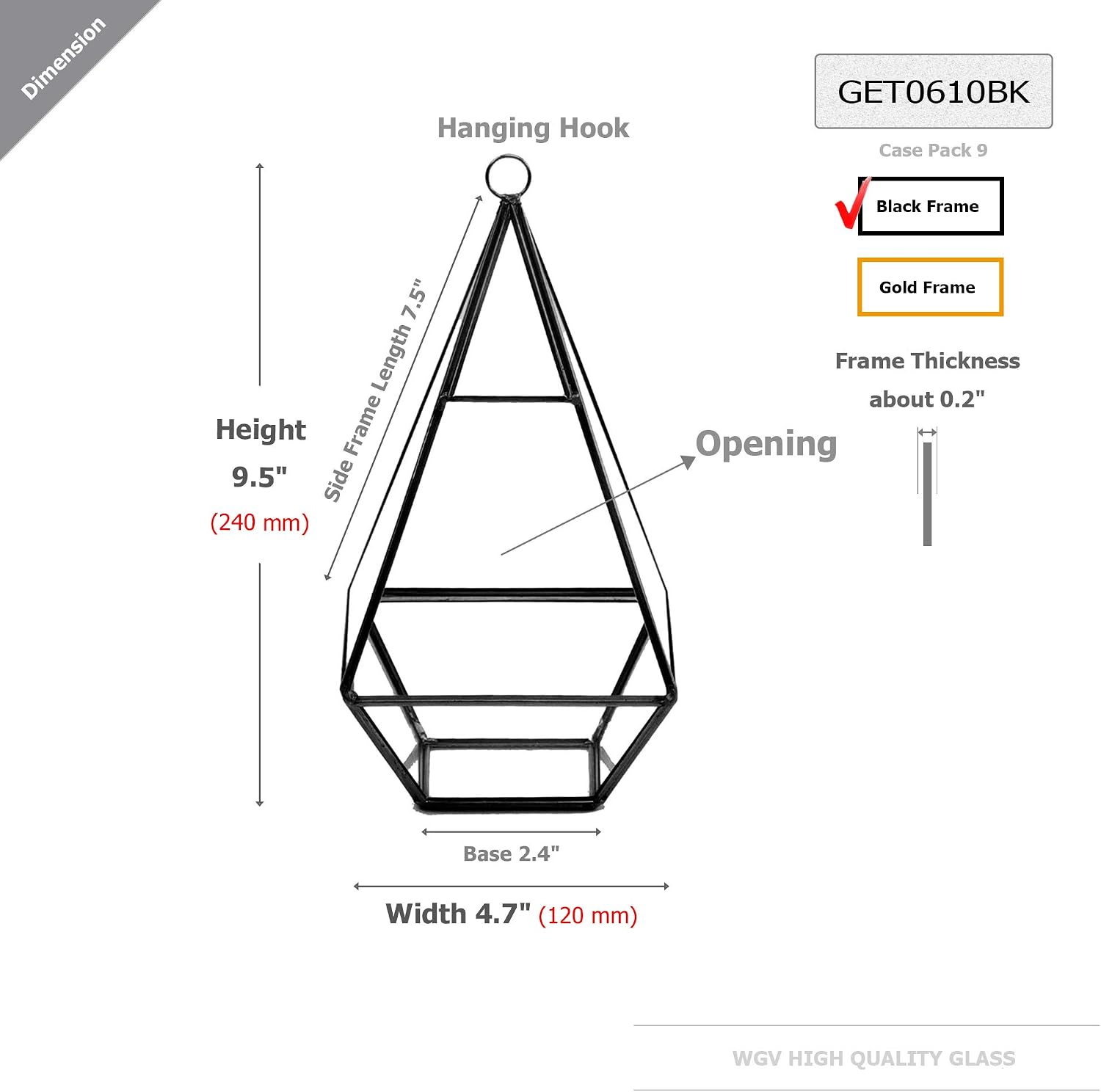 WGV Hanging Geometric Planter Terrarium Bulk Width 5' Height 9.5' Clear Glass Black Frame DIY Succulent air Plant Miniature Fairy Garden Windowsill Decor Raised Tall Pyramid 9 Pieces