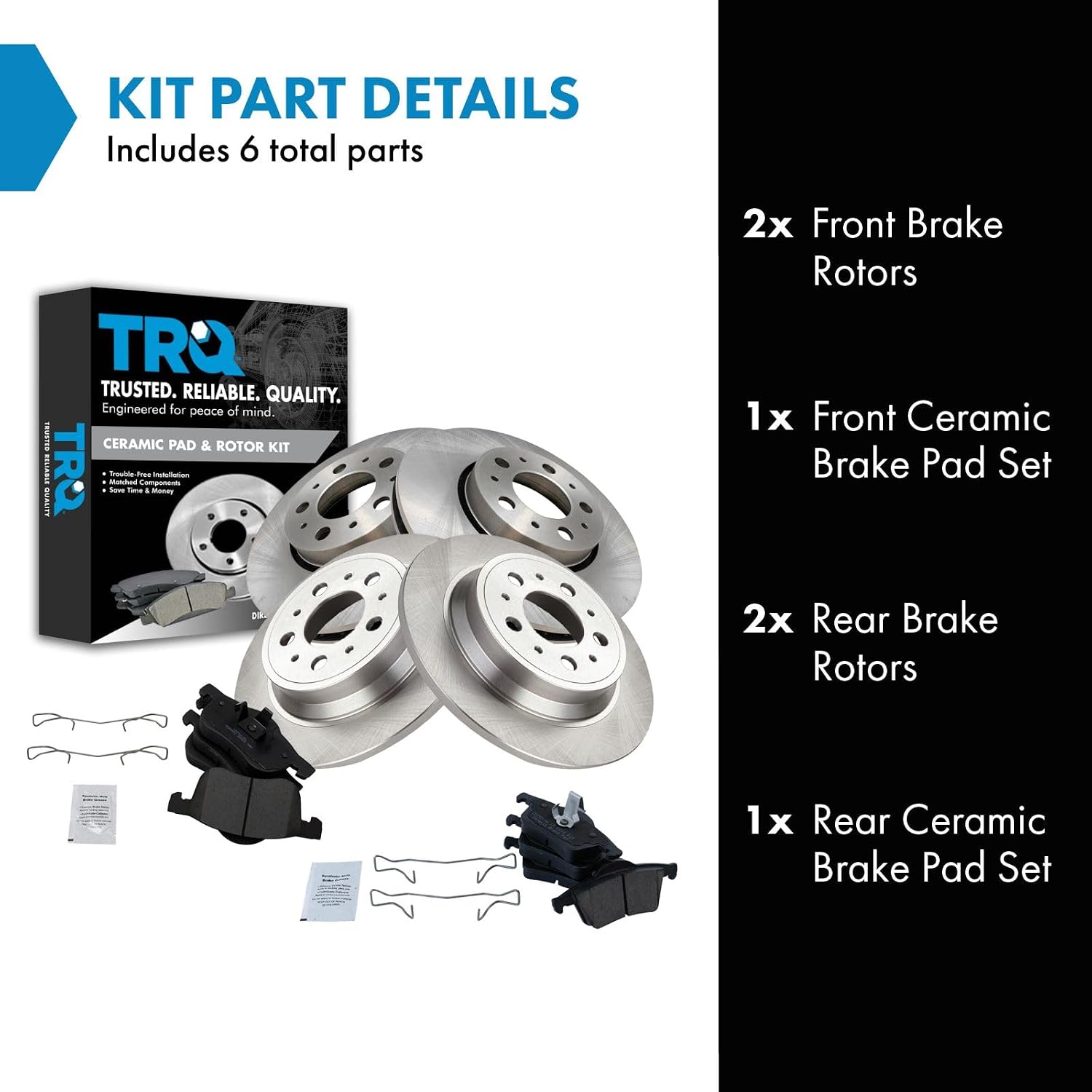 TRQ Front and Rear Brake Pad and Rotor Set Ceramic Vented Rotors 285mm Front Diameter Compatible with 1999-2006 Volvo S80 2001-2009 S60 2001-2006 V70 2003-2007 XC70