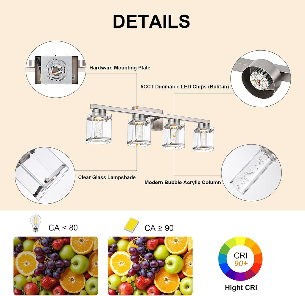LED Brushed Nickel Finish Bathroom Light fixtures, 4 Lights Modern Bathroom Wall Sconces with Bubble Crystal Glass Classic Vanity Lighting fixtures Over Mirror