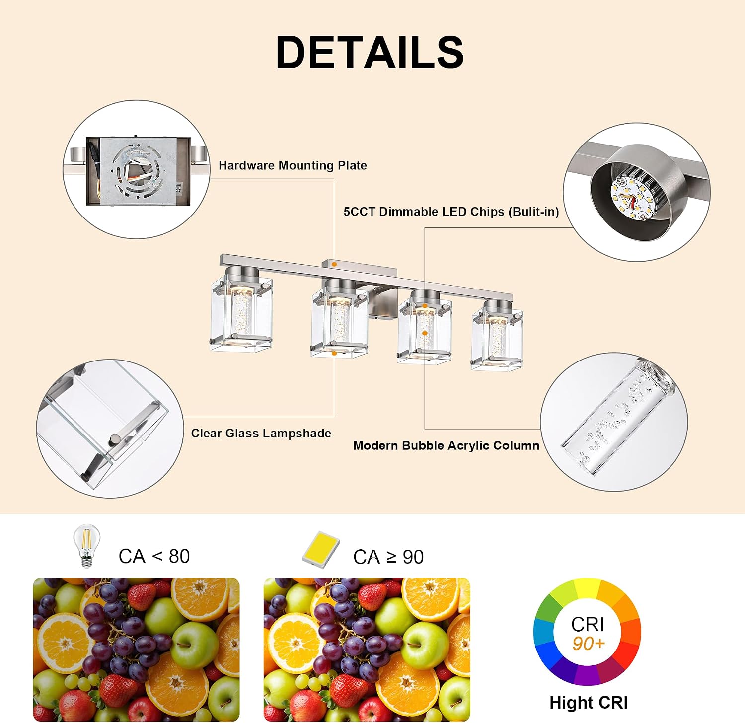 LED Brushed Nickel Finish Bathroom Light fixtures, 4 Lights Modern Bathroom Wall Sconces with Bubble Crystal Glass Classic Vanity Lighting fixtures Over Mirror