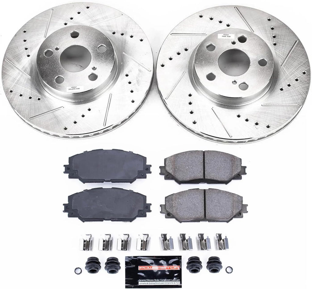 PowerStop Front Brake Kit for Pontiac Vibe 2009-10 |Scion xD 2008-14 |Toyota Corolla 2009-19 |Matrix 2009-13 - Drilled and Slotted Disc Rotors with Carbon-Fiber Ceramic Brake Pads Replacement, K4669