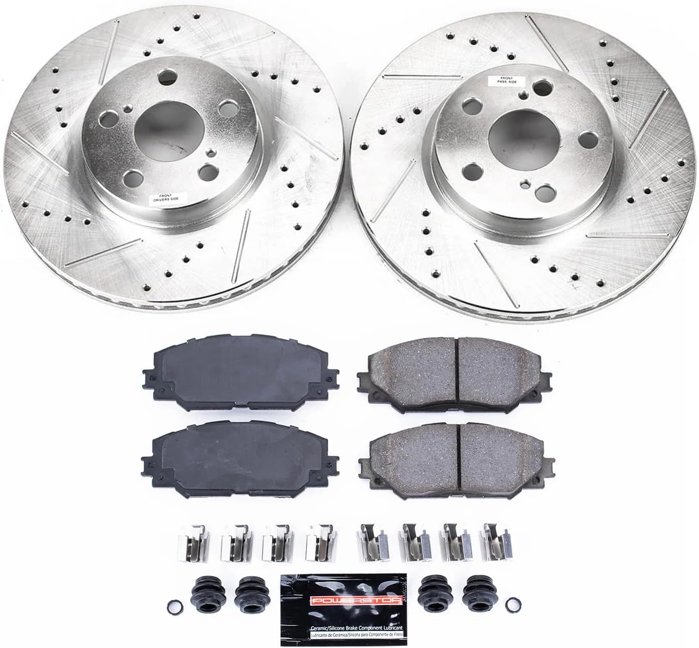 PowerStop Front Brake Kit for Pontiac Vibe 2009-10 |Scion xD 2008-14 |Toyota Corolla 2009-19 |Matrix 2009-13 - Drilled and Slotted Disc Rotors with Carbon-Fiber Ceramic Brake Pads Replacement, K4669