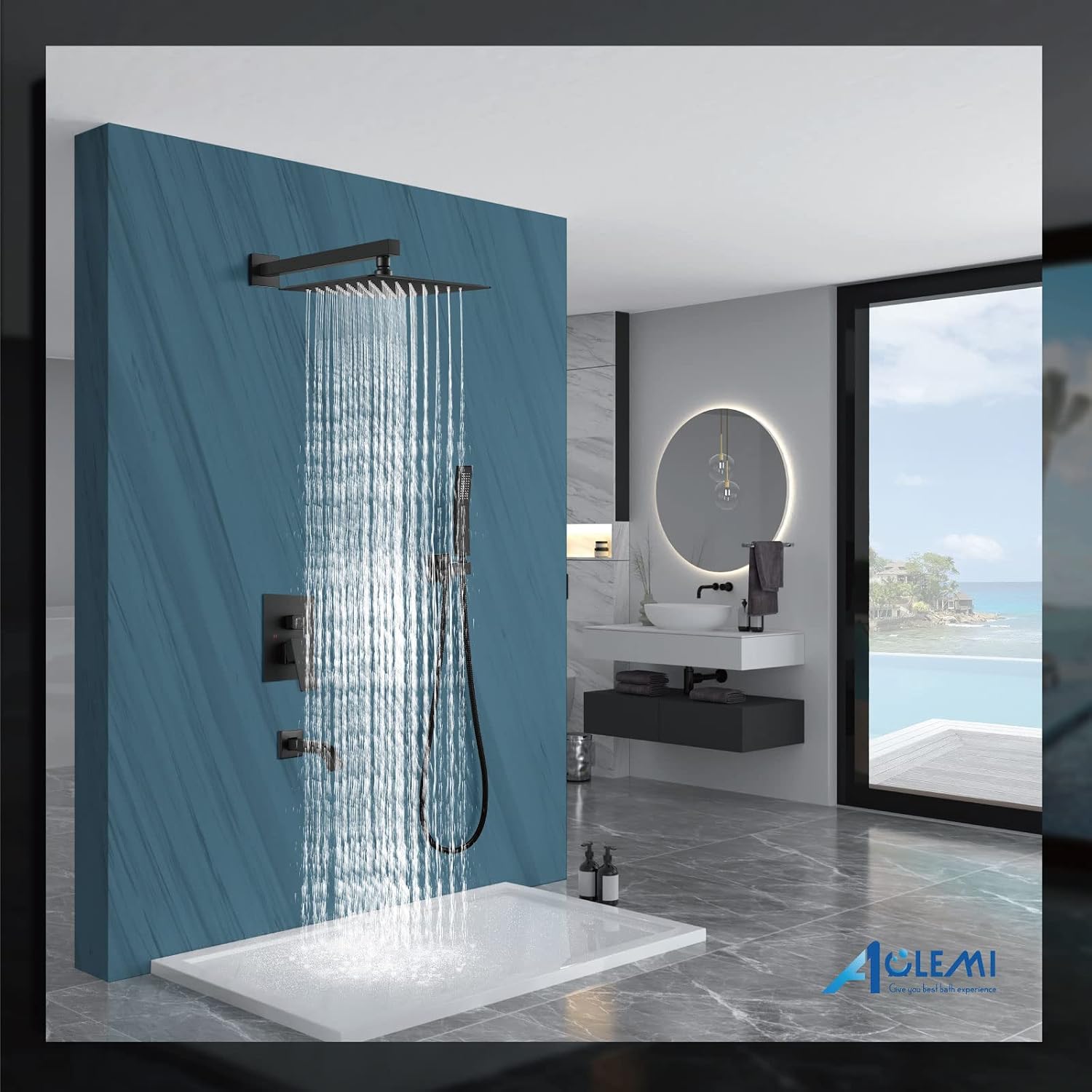 Aolemi Rainfall Shower System Shower Head Combo Set with Tub Filler Handheld Shower Luxury Rough-in Valve Included Wall Mount Bathroom Shower Mixer Faucet 10 Inch Shower Head Matte Black