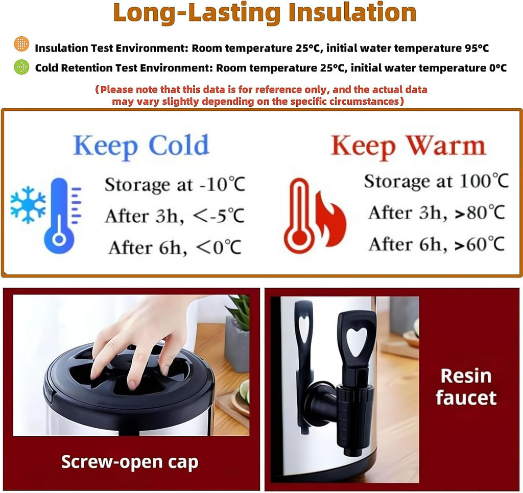 Stainless Steel Insulated Beverage Dispenser, 10L Double Walled Insulated Thermal Hot And Cold Drink Server Dispenser With Spigot Handle For Coffee Tea Milk Hot Water
