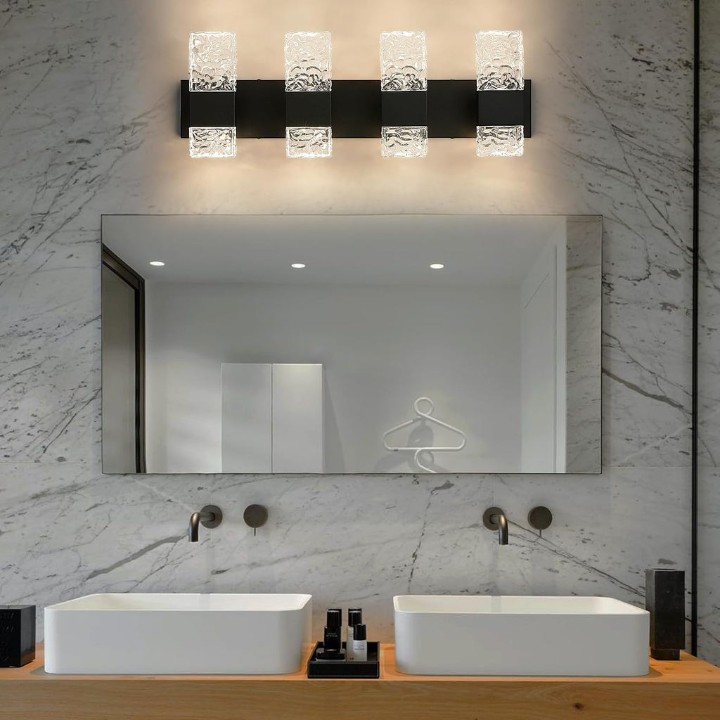 Epinl Black Bathroom Vanity Light Fixtures Bathroom Light Fixtures Over Mirror 4-Light 4000K LED Crystal Wall Sconces Modern 40W Brushed Hardwired Wall Lights for Bathroom Bedroom Living Room