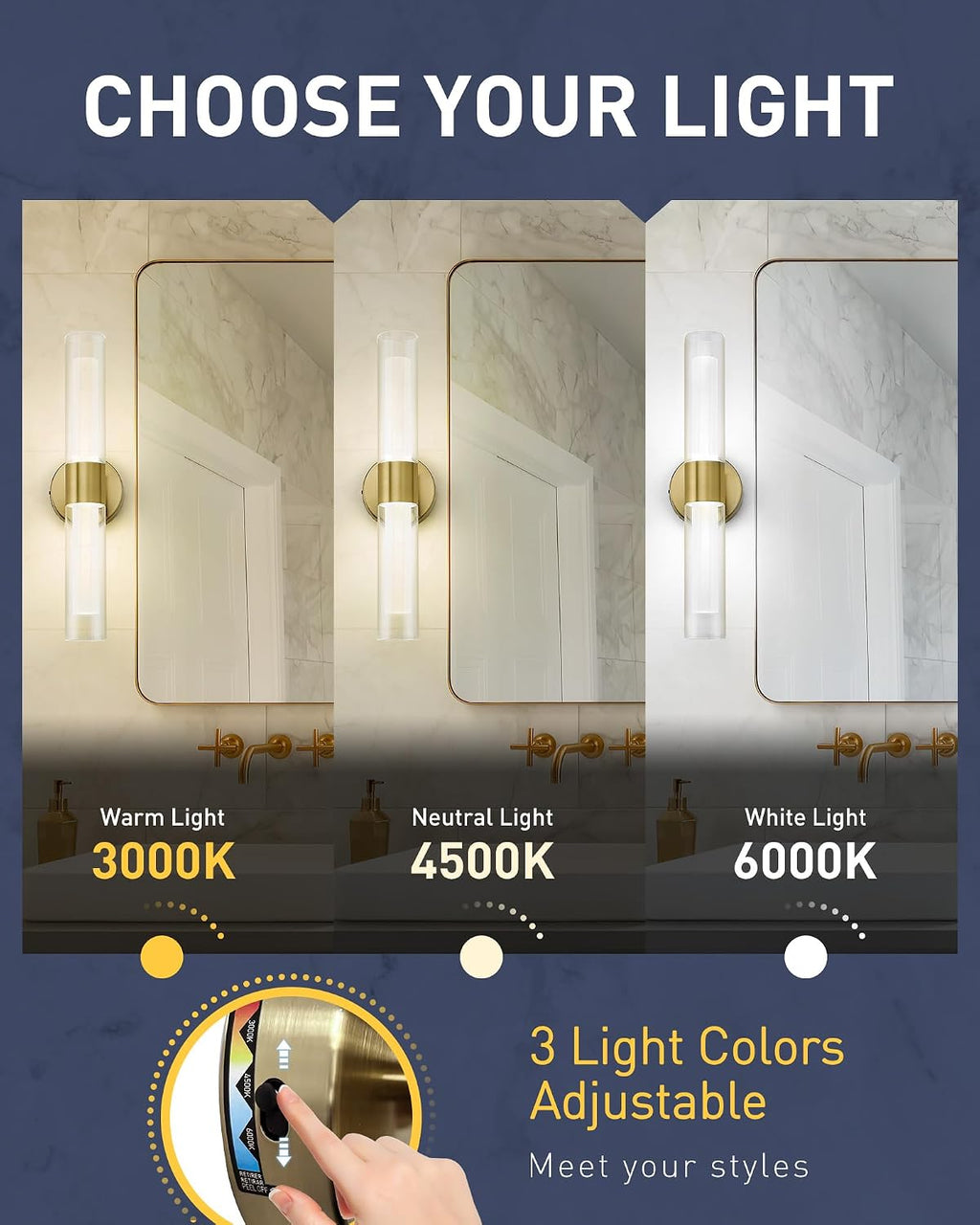 kudos Gold Modern Sconces Wall Lighting, 2Pc Wall Sconces with Clear Glass and Frosted Glass, Modern LED Vanity Light for Bathroom, 3000K/4500K/6000K Adjustable,KDVL06-GD-2-2PK