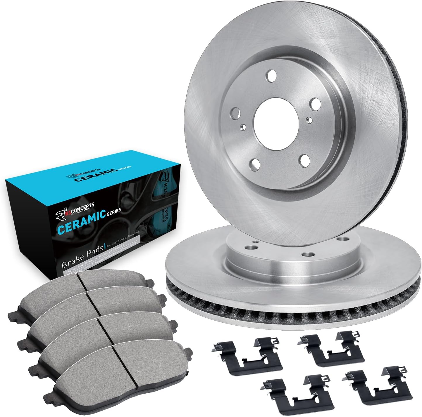 R1 Concepts Front Brake Kit Fits 2013-2017 Ford C-Max; 2013-2019 Ford Escape; 2004-2011 Volvo S40; 2005-2011 Volvo V50; 2006-2013 Volvo C70| Ceramic Pads, Blank Rotors| Hardware| 11.8' Front