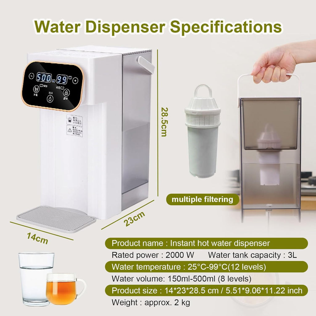 Hot Water Dispenser Countertop, Portable 2000W Fast Heating Water Boiler with 3L Detachable Water Tank, 12 Temp Settings, 8 Volume Control & Safety Lock, for Home, Office, Travel