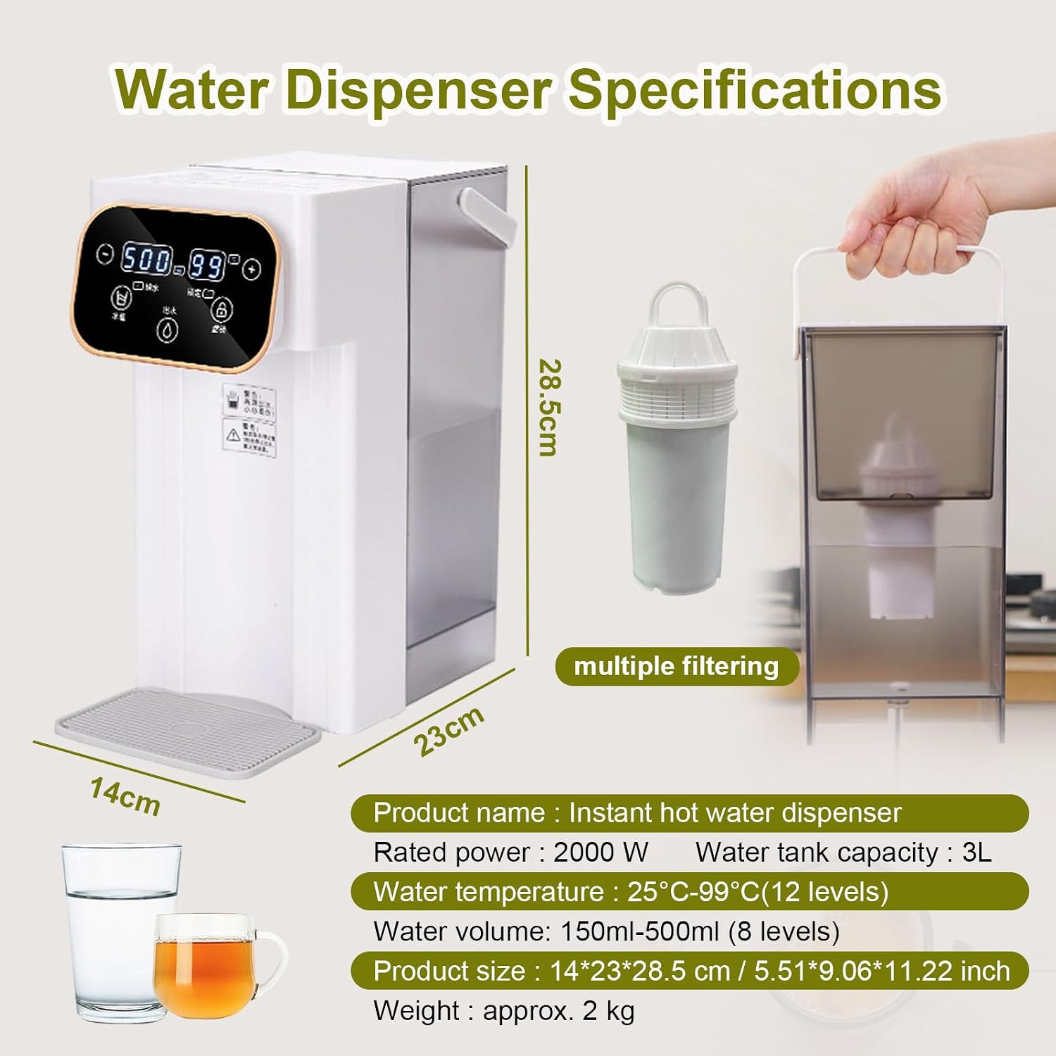 2000 W Instant Hot Water Dispenser, 3L Removable Tank, 12 Precise Temps (25°C-99°C), 8 Volume Selections, Commercial Water Boiler, with Cup Pad, Compact for Desktop Use