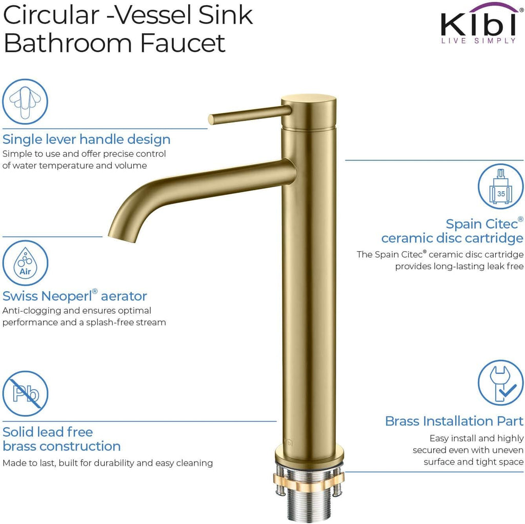 KIBI KBF1009 Solid Brass Single Handle Single Hole Circular Faucet for Bathroom Sink | High Arc Faucet Spout Design | Corrosion and Rust Resistant | Brushed Gold