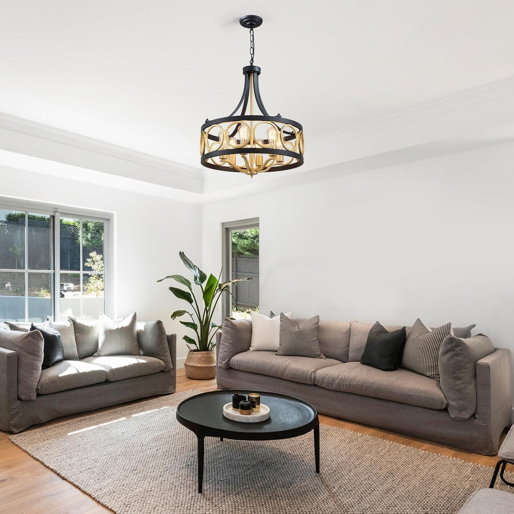 XINGQI 22' Black Gold Chandeliers for Dining Room Drum 6-Light Modern Pendant Lighting Fixture Over Table Rustic Metal Round Adjustable Height Hanging Lamp for Living Room Kitchen Island
