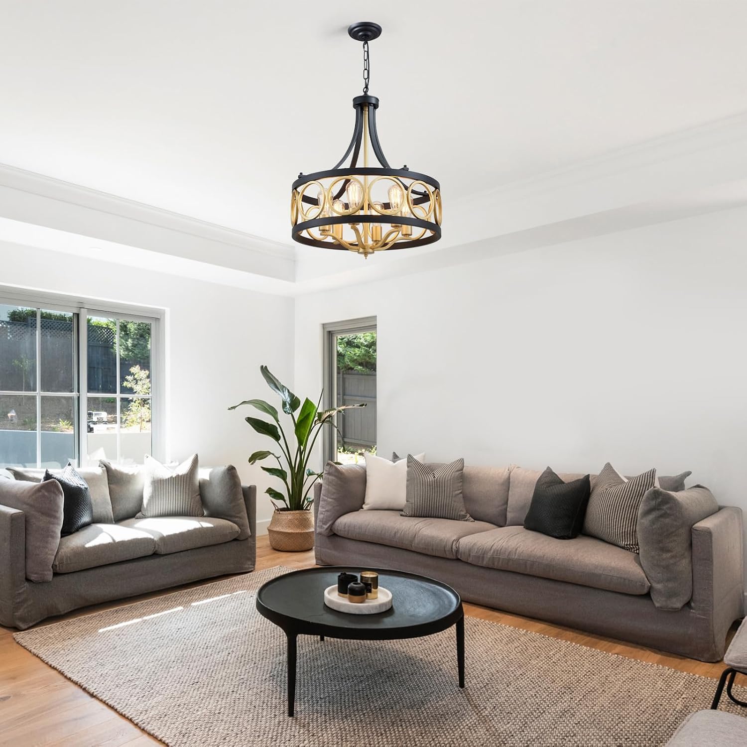 XINGQI 22' Black Gold Chandeliers for Dining Room Drum 6-Light Modern Pendant Lighting Fixture Over Table Rustic Metal Round Adjustable Height Hanging Lamp for Living Room Kitchen Island