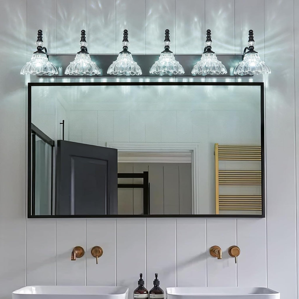 Vintage Bathroom Vanity Light, 6-Light Black Vanity Lighting Fixture with Flower Glass Shade, Bathroom Lighting Fixtures Over Mirror