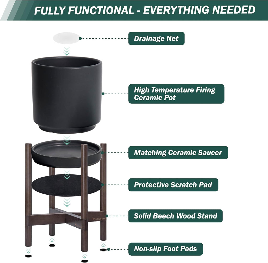 D'vine Dev Ceramic Planter with Walnut Color Stand - 12 Inch Modern Round Flower Pot with Wood Planter Holder, Black, 55-B-W-2