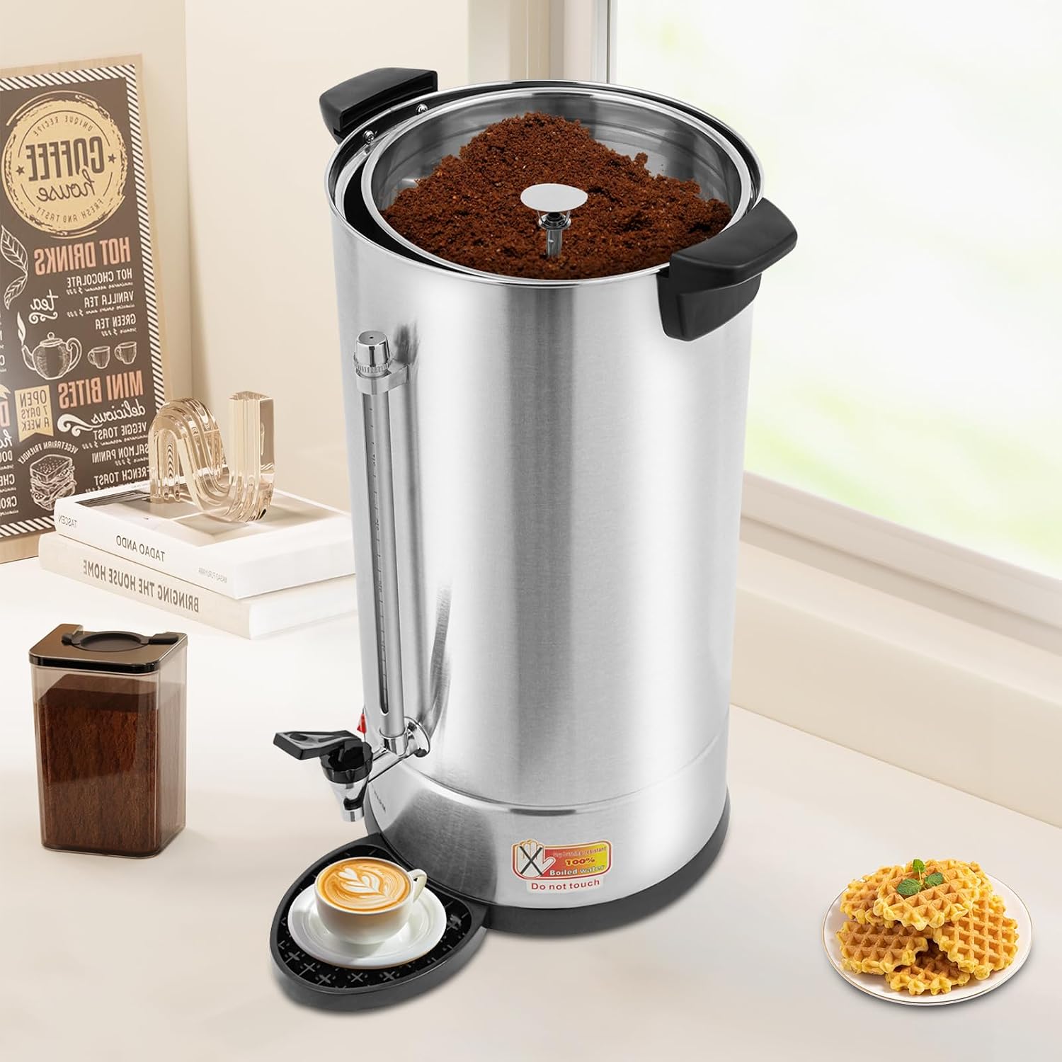 25L Stainless Steel Coffee Urn, Commercial Electric Hot Water Dispenser with Dripping Tray, No-Temp-Knob Silver Boiler for Catering Party Church Office, Large Capacity Percolator Brewer, Coffee Maker
