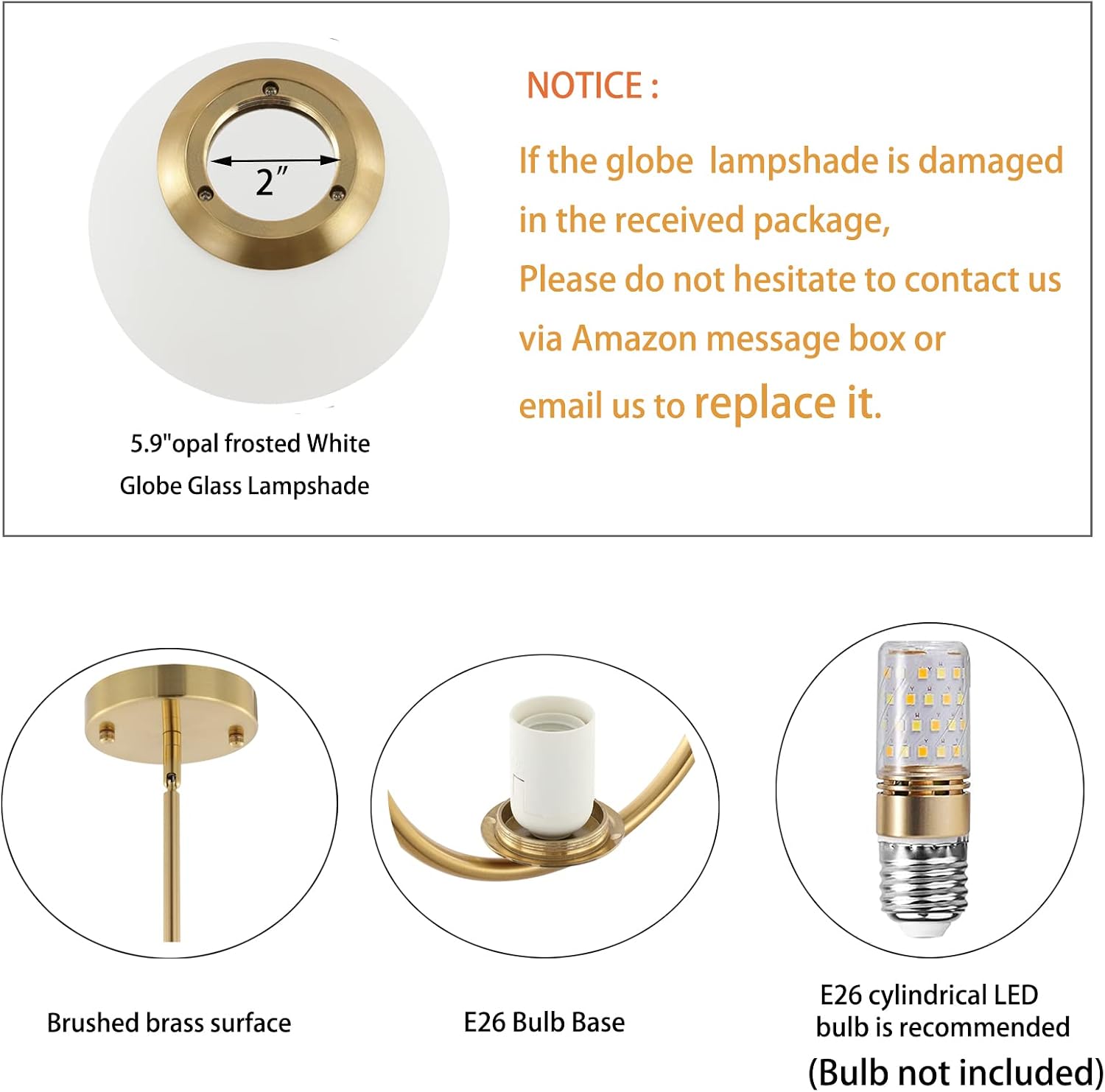 BYOLIIMA Modern Gold Globe Pendant Light Mid Century Chandelier 1-Light Brushed Brass Ceiling Hanging Lighting Fixture with White Globe Glass Lampshade for Kitchen Island Dining Room Bedroom (2 Pack)