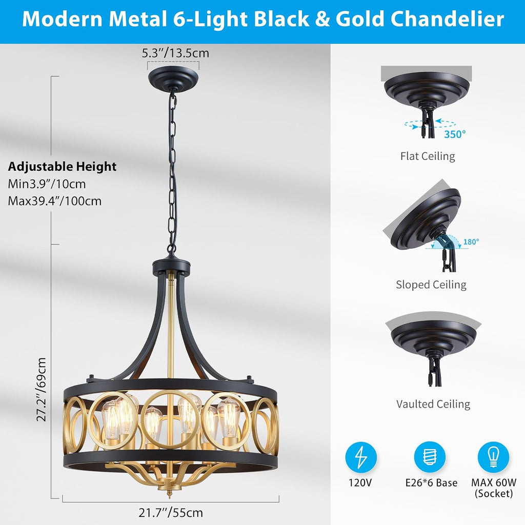 XINGQI 22' Black Gold Chandeliers for Dining Room Drum 6-Light Modern Pendant Lighting Fixture Over Table Rustic Metal Round Adjustable Height Hanging Lamp for Living Room Kitchen Island