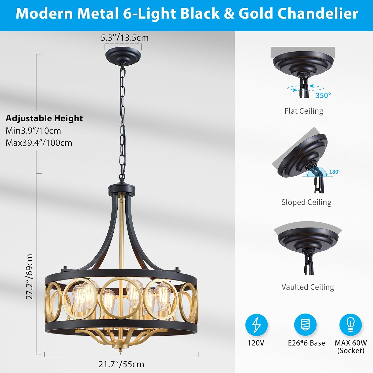 XINGQI 22' Black Gold Chandeliers for Dining Room Drum 6-Light Modern Pendant Lighting Fixture Over Table Rustic Metal Round Adjustable Height Hanging Lamp for Living Room Kitchen Island