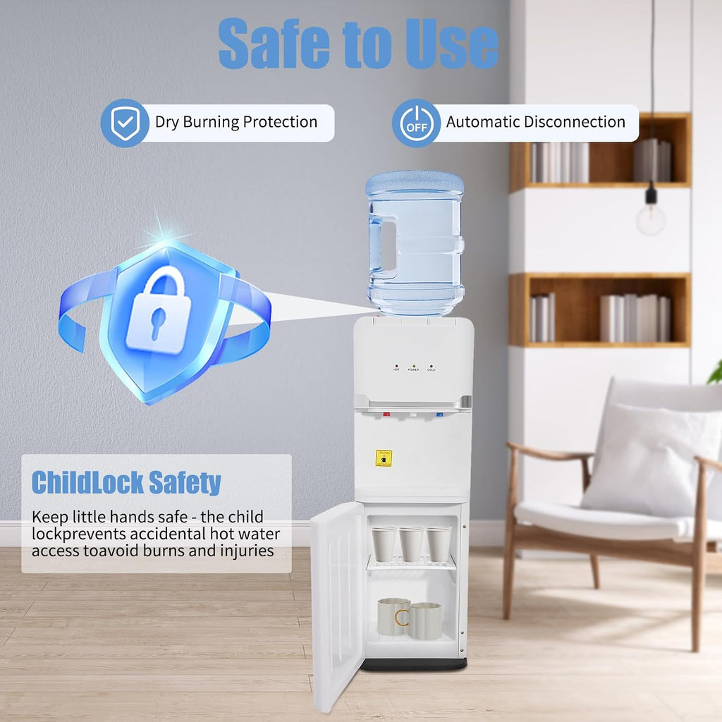 Top Loading Water Cooler Water Dispenser with Two-Tier Locker, Water Cooler Dispenser for 5 Gallon, Top Load Hot & Cold & Warm Water Dispenser (White)