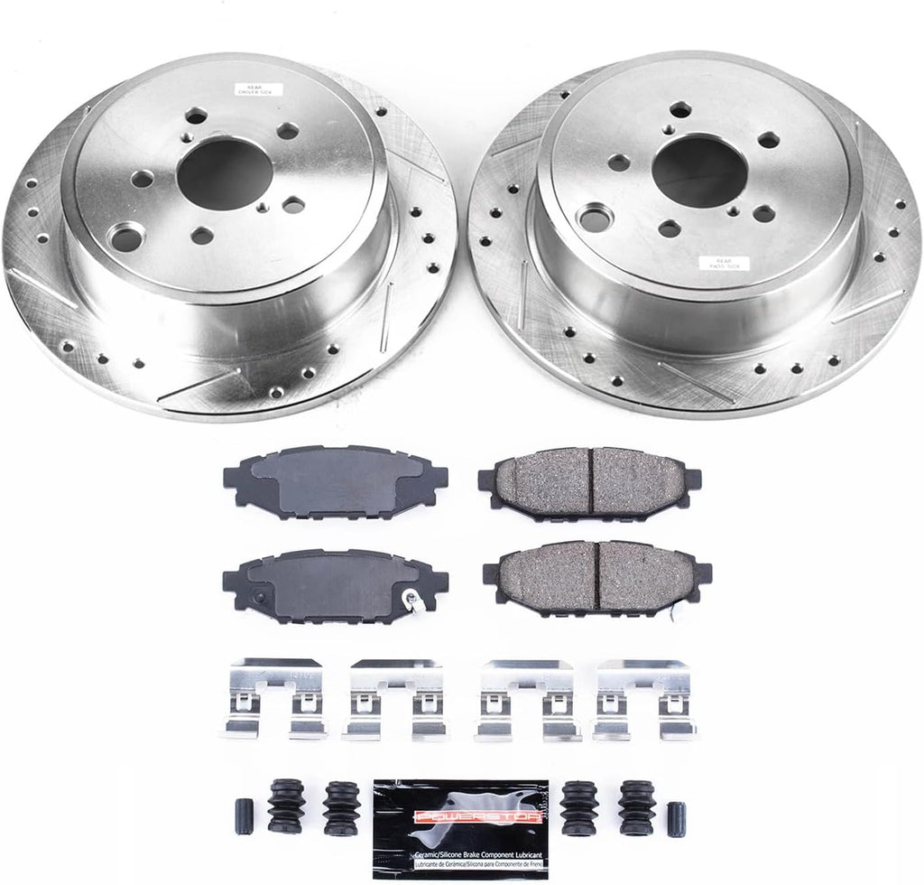 PowerStop Rear Brake Kit for Subaru BRZ 2013-16 |Forester 2009-13 |Impreza 2008-14 |Legacy 2010-14 - Drilled and Slotted Disc Rotors with Carbon-Fiber Ceramic Brake Pads Replacement, K4631