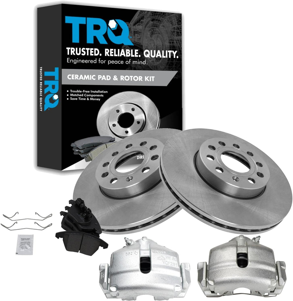 TRQ Front Brake Pad and Rotor Set Ceramic Vented Rotors Calipers Compatible with 2010 Audi A3 2012-2019 Volkswagen Beetle 2010-2014 Golf 2013 GTI 2005-2015 Jetta 2006-2009 Rabbit