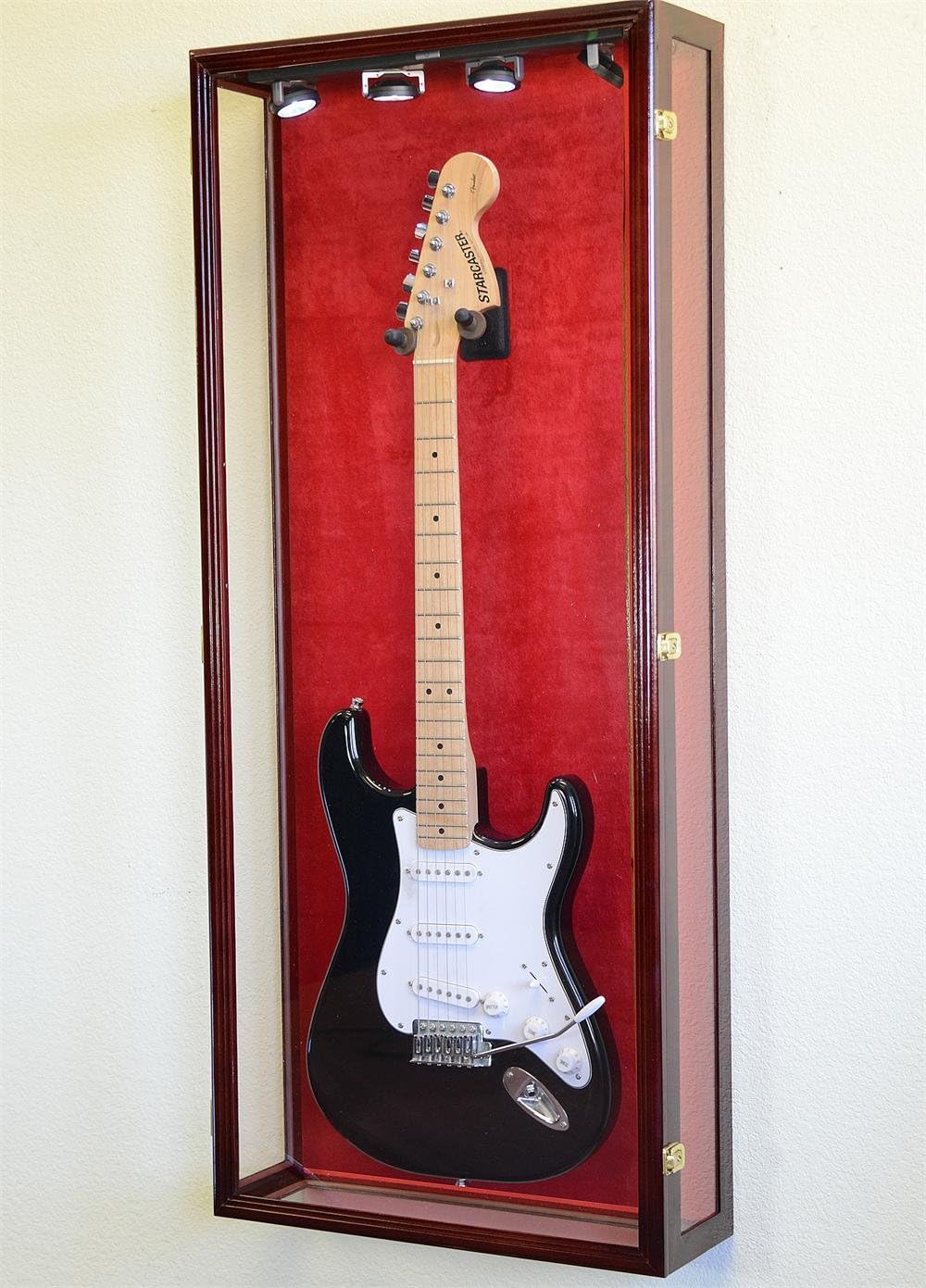 sfDisplay.com,LLC. Clear Viewing Guitar Display Case Fender Acoustic Electric Cabinet Rack Holder (Cherry Finish, Black Background)