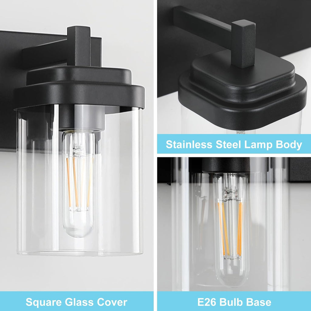 4-Light Vanity Light Fixture, Bathroom Wall Sconces, Bathroom Vanity Lighting Over Mirror | Square Clear Glass Shade | Bulbs Not Included | E26 Socket | Black