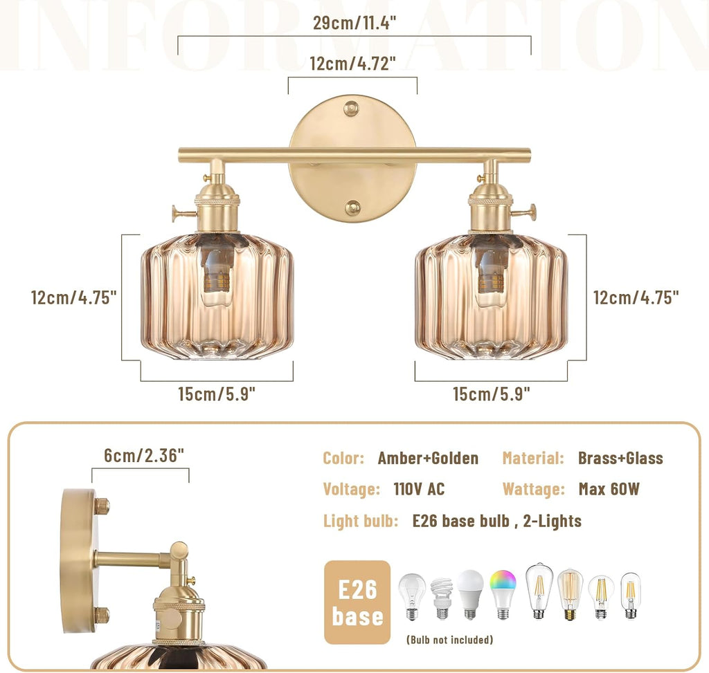 Vintage Glass Wall Sconce, 2-Light Brass Gold Bathroom Lighting Fixtures Over Mirror, Ribbed Vanity Wall Light with Amber Glass Shade, E26 Base for Bedroom, Dressing Table, Hallway